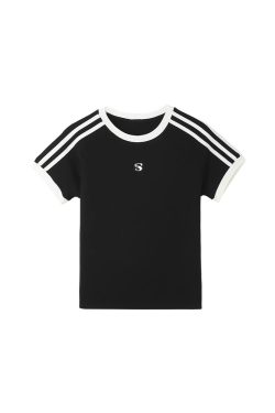 American Retro Three-Stripe Shoulder Short Sleeve T-Shirt for Women - Summer Slim Fit Sexy Top, Y2K Style