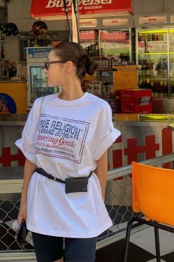 American Retro Trendy Letter Print White Oversized Short Sleeve T-Shirt for Women - Summer Fashion Hot Girl Style