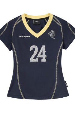 American Retro V-Neck Shoulder T-Shirt for Women, Summer Digital Print, Sporty Short Sleeves, Slim Fit, Trendy Y2K Top