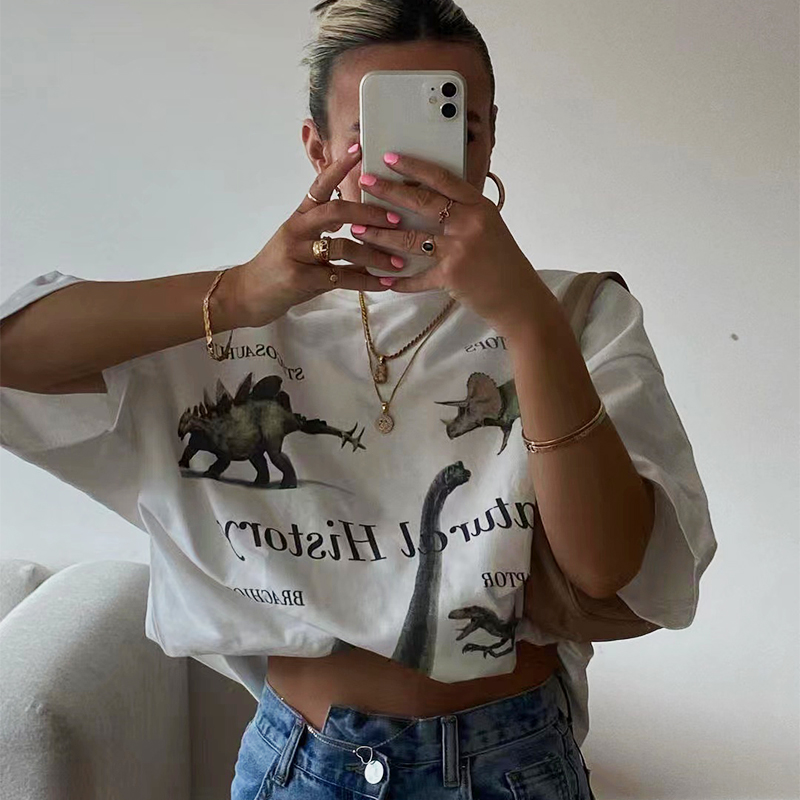 American Retro Vintage White Short Sleeve T-Shirt for Women, Niche Loose Fit Half Sleeve Top, Trendy 90s Style American Retro Vintage White Short Sleeve T-Shirt for Women, Niche Loose Fit Half Sleeve Top, Trendy 90s Style