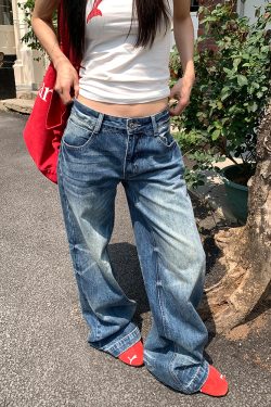 American Retro Washed Ripple Design Denim Pants for Men and Women - Loose Casual Versatile Wide-Leg Straight Long Trousers