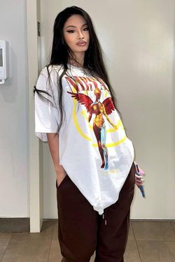 American Retro White Angel Oversized Short Sleeve T-Shirt for Women - Niche Design Spicy Girl Top, 90s Style