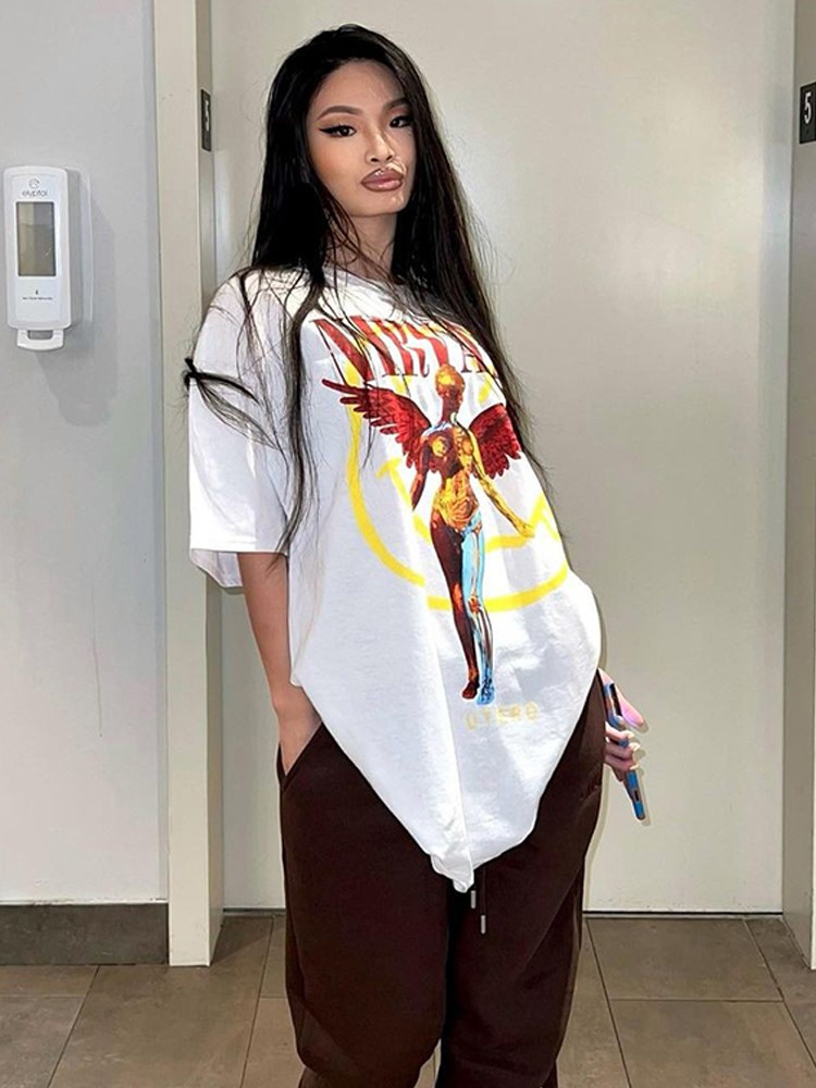 American Retro White Angel Oversized Short Sleeve T-Shirt for Women - Niche Design Spicy Girl Top, 90s Style American Retro White Angel Oversized Short Sleeve T-Shirt for Women - Niche Design Spicy Girl Top, 90s Style