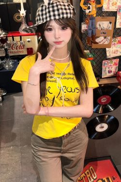 American Retro Yellow Letter Print Cropped Short-Sleeve T-Shirt for Women, Summer Slim Fit, Spicy Girl Style
