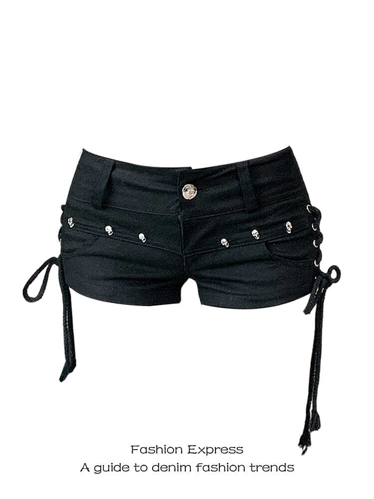 American Style Black Denim Ultra-Short Shorts with Strap Design - Slimming Body-Hugging Trendy Hot Pants for a Sexy Look American Style Black Denim Ultra-Short Shorts with Strap Design - Slimming Body-Hugging Trendy Hot Pants for a Sexy Look