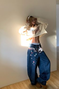American Style Fun Badge Printed Denim Pants - Loose Wide-Leg Straight Trousers for Men and Women - 90s Y2K Fashion