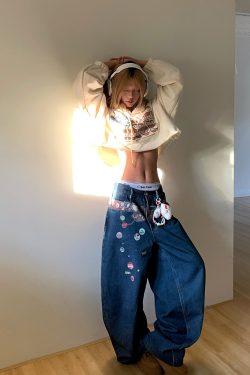 American Style Fun Badge Printed Denim Pants - Loose Wide-Leg Straight Trousers for Men and Women - 90s Y2K Fashion