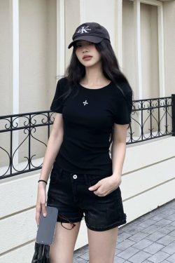 American Style Hot Girl Cross Embroidery Short Sleeve T-Shirt for Women - Slim Fit Summer Essential