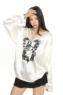 American-Style Lace Spliced V-Neck Long Sleeve T-Shirt for Women - Summer Loose Satin Top with Sun Protection Cover-Up