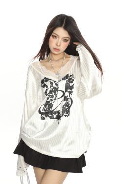 American-Style Lace Spliced V-Neck Long Sleeve T-Shirt for Women - Summer Loose Satin Top with Sun Protection Cover-Up