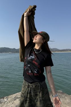 American-style Sausage Dog Print Short Sleeve T-shirt for Women, Casual Summer Slim Fit Top, Slightly Loose, Y2K Style