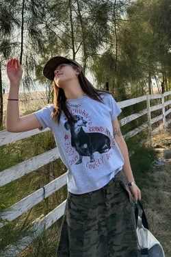 American-style Sausage Dog Print Short Sleeve T-shirt for Women, Casual Summer Slim Fit Top, Slightly Loose, Y2K Style