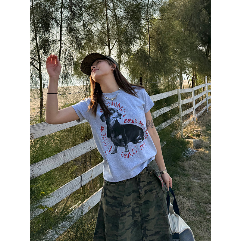 American-style Sausage Dog Print Short Sleeve T-shirt for Women, Casual Summer Slim Fit Top, Slightly Loose, Y2K Style American-style Sausage Dog Print Short Sleeve T-shirt for Women, Casual Summer Slim Fit Top, Slightly Loose, Y2K Style