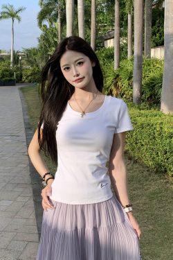 American Style Short Sleeve T-Shirt for Women - Pure Desire Slim Fit Round Neck Top - Versatile Spring Summer 2025 Fashion