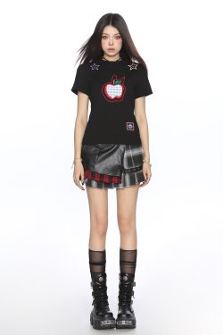 American-Style Small Apple Embroidered Short Sleeve T-Shirt for Women - Casual Summer Slimming Top, Versatile Lazy Style