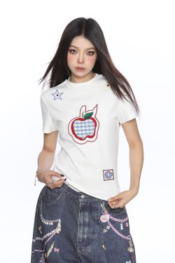 American-Style Small Apple Embroidered Short Sleeve T-Shirt for Women - Casual Summer Slimming Top, Versatile Lazy Style