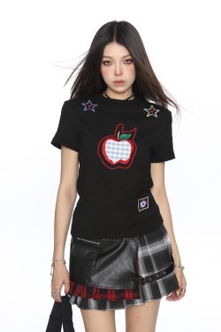 American-Style Small Apple Embroidered Short Sleeve T-Shirt for Women - Casual Summer Slimming Top, Versatile Lazy Style
