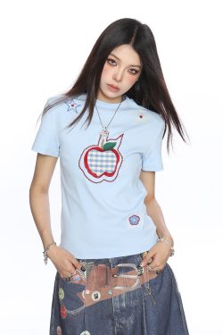 American-Style Small Apple Embroidered Short Sleeve T-Shirt for Women - Casual Summer Slimming Top, Versatile Lazy Style