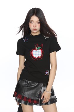 American-Style Small Apple Embroidered Short Sleeve T-Shirt for Women - Casual Summer Slimming Top, Versatile Lazy Style