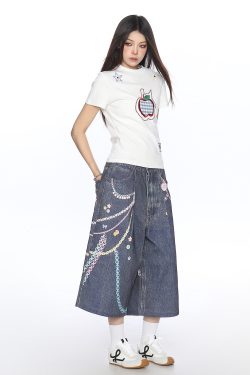 American-Style Small Apple Embroidered Short Sleeve T-Shirt for Women - Casual Summer Slimming Top, Versatile Lazy Style