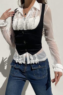 American Vintage Black Button Vest for Women - Versatile Waist-Defining Slim Top in Y2K Style