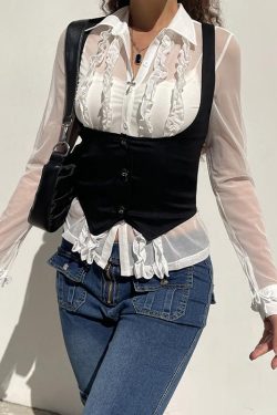 American Vintage Black Button Vest for Women - Versatile Waist-Defining Slim Top in Y2K Style
