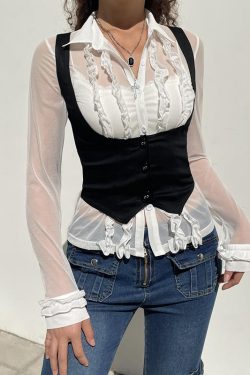 American Vintage Black Button Vest for Women - Versatile Waist-Defining Slim Top in Y2K Style