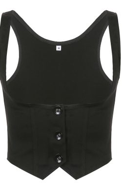 American Vintage Black Button Vest for Women - Versatile Waist-Defining Slim Top in Y2K Style