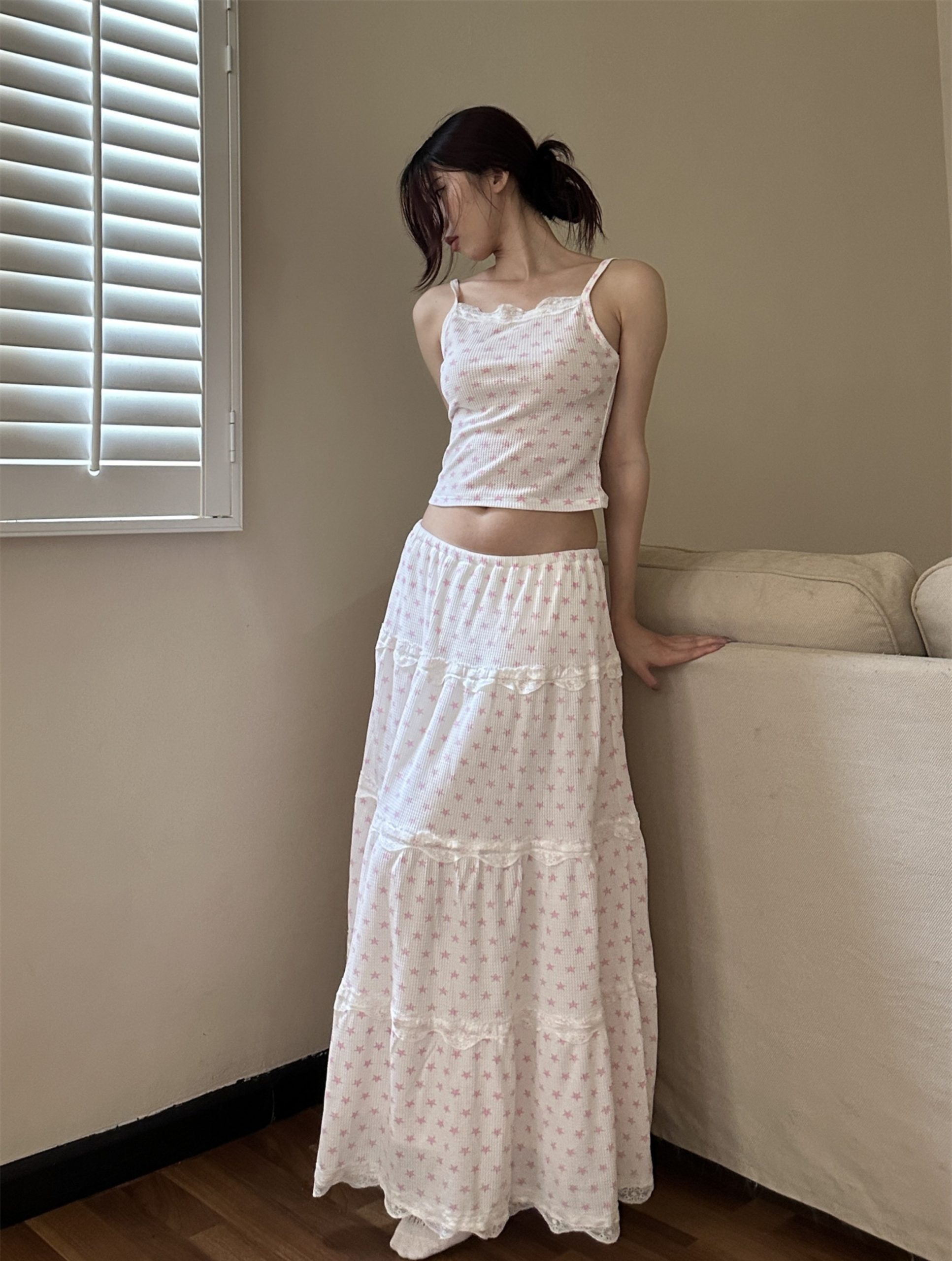 American Vintage Cake Fairy Holiday Loose Long Skirt Set with Elastic Waist and Star Polka Dot Design - Perfect for Y2K Style American Vintage Cake Fairy Holiday Loose Long Skirt Set with Elastic Waist and Star Polka Dot Design - Perfect for Y2K Style