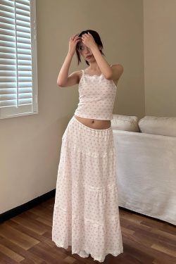 American Vintage Cake Fairy Holiday Loose Long Skirt Set with Elastic Waist and Star Polka Dot Design - Perfect for Y2K Style