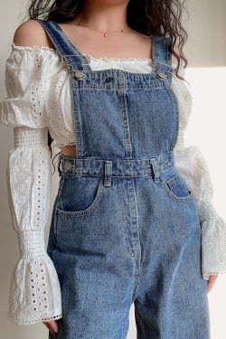 American Vintage Casual Loose Fit Suspender Straight Leg Jeans for Women - Versatile Vintage Style Pants