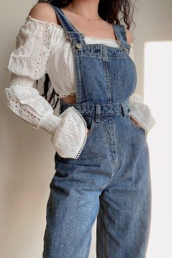 American Vintage Casual Loose Fit Suspender Straight Leg Jeans for Women - Versatile Vintage Style Pants