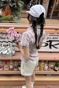 American Vintage College Style Women's Plaid Shoulder-Button Slim Fit Polo Shirt - Y2K Inspired Fashion Top