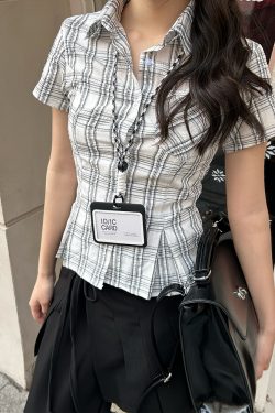 American Vintage College Style Women's Plaid Shoulder-Button Slim Fit Polo Shirt - Y2K Inspired Fashion Top