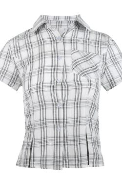 American Vintage College Style Women's Plaid Shoulder-Button Slim Fit Polo Shirt - Y2K Inspired Fashion Top