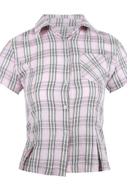 American Vintage College Style Women's Plaid Shoulder-Button Slim Fit Polo Shirt - Y2K Inspired Fashion Top