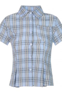 American Vintage College Style Women's Plaid Shoulder-Button Slim Fit Polo Shirt - Y2K Inspired Fashion Top