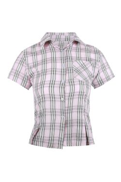 American Vintage College Style Women's Plaid Shoulder-Button Slim Fit Polo Shirt - Y2K Inspired Fashion Top