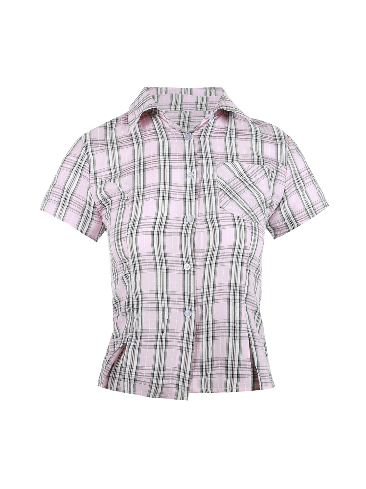 American Vintage College Style Women's Plaid Shoulder-Button Slim Fit Polo Shirt - Y2K Inspired Fashion Top American Vintage College Style Women's Plaid Shoulder-Button Slim Fit Polo Shirt - Y2K Inspired Fashion Top