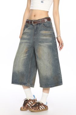 American Vintage Dirty Dyed Denim Shorts for Women - Summer Loose Straight Wide-Leg Cropped Style