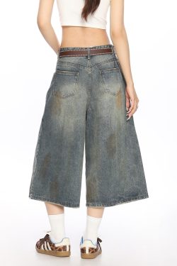 American Vintage Dirty Dyed Denim Shorts for Women - Summer Loose Straight Wide-Leg Cropped Style