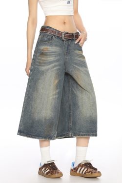American Vintage Dirty Dyed Denim Shorts for Women - Summer Loose Straight Wide-Leg Cropped Style