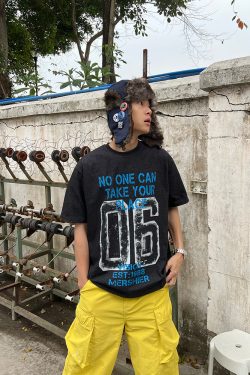 American Vintage Distressed Letter Print Short Sleeve Unisex Casual Summer T-Shirt - Versatile Sports Trend for 90s Style