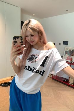 American Vintage Dog Heart Letter Print Asymmetrical Shoulder Short Sleeve T-Shirt - Versatile Summer Style