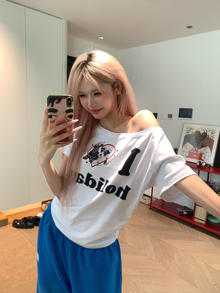 American Vintage Dog Heart Letter Print Asymmetrical Shoulder Short Sleeve T-Shirt - Versatile Summer Style American Vintage Dog Heart Letter Print Asymmetrical Shoulder Short Sleeve T-Shirt - Versatile Summer Style