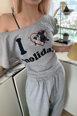 American Vintage Dog Heart Letter Print Asymmetrical Shoulder Short Sleeve T-Shirt - Versatile Summer Style