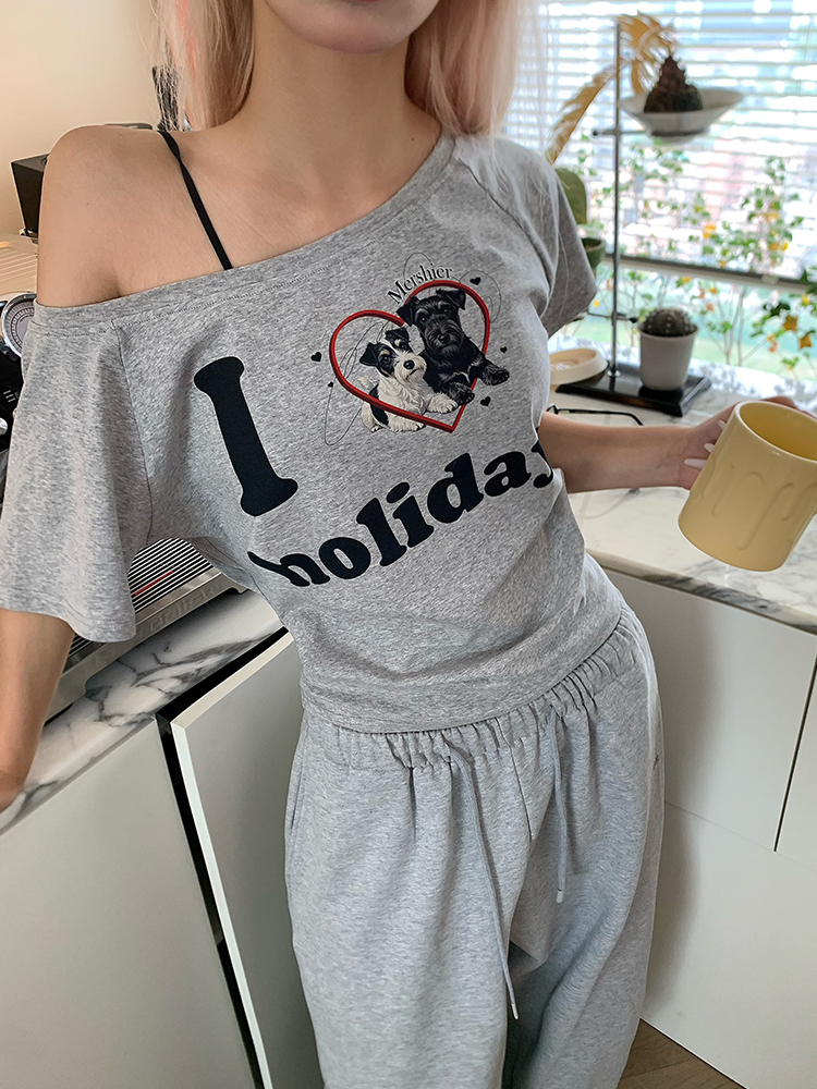 American Vintage Dog Heart Letter Print Asymmetrical Shoulder Short Sleeve T-Shirt - Versatile Summer Style American Vintage Dog Heart Letter Print Asymmetrical Shoulder Short Sleeve T-Shirt - Versatile Summer Style