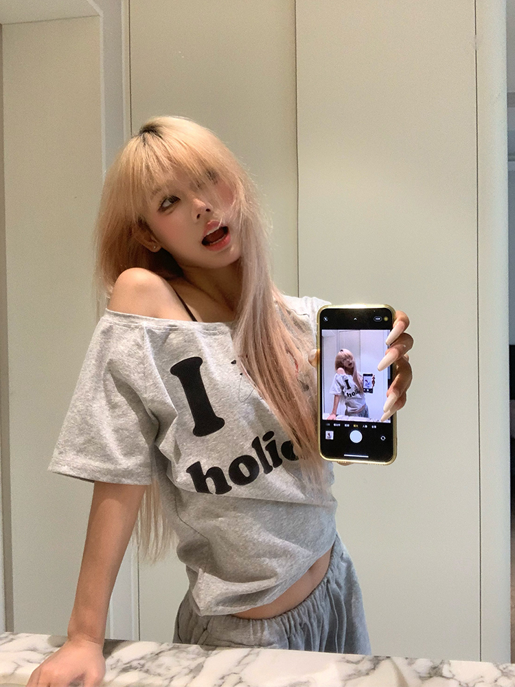 American Vintage Dog Heart Letter Print Asymmetrical Shoulder Short Sleeve T-Shirt - Versatile Summer Style American Vintage Dog Heart Letter Print Asymmetrical Shoulder Short Sleeve T-Shirt - Versatile Summer Style