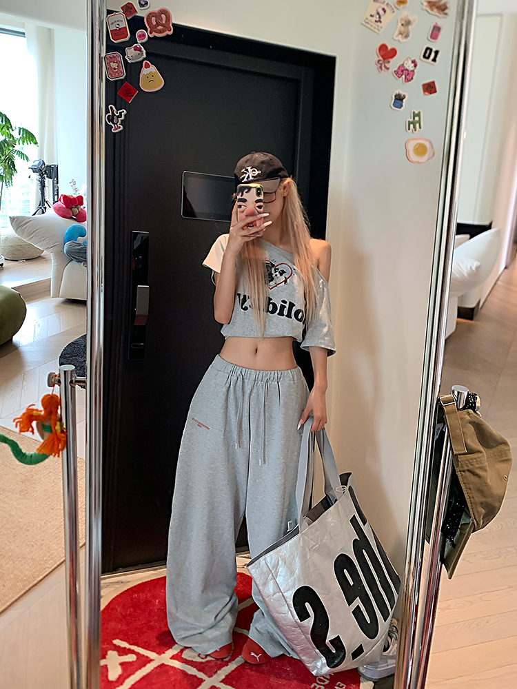 American Vintage Dog Heart Letter Print Asymmetrical Shoulder Short Sleeve T-Shirt - Versatile Summer Style American Vintage Dog Heart Letter Print Asymmetrical Shoulder Short Sleeve T-Shirt - Versatile Summer Style