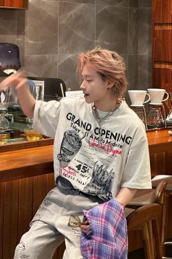 American Vintage Fun Hamburger Print Short Sleeve T-Shirt Unisex 90s Trendy Loose Fit Top